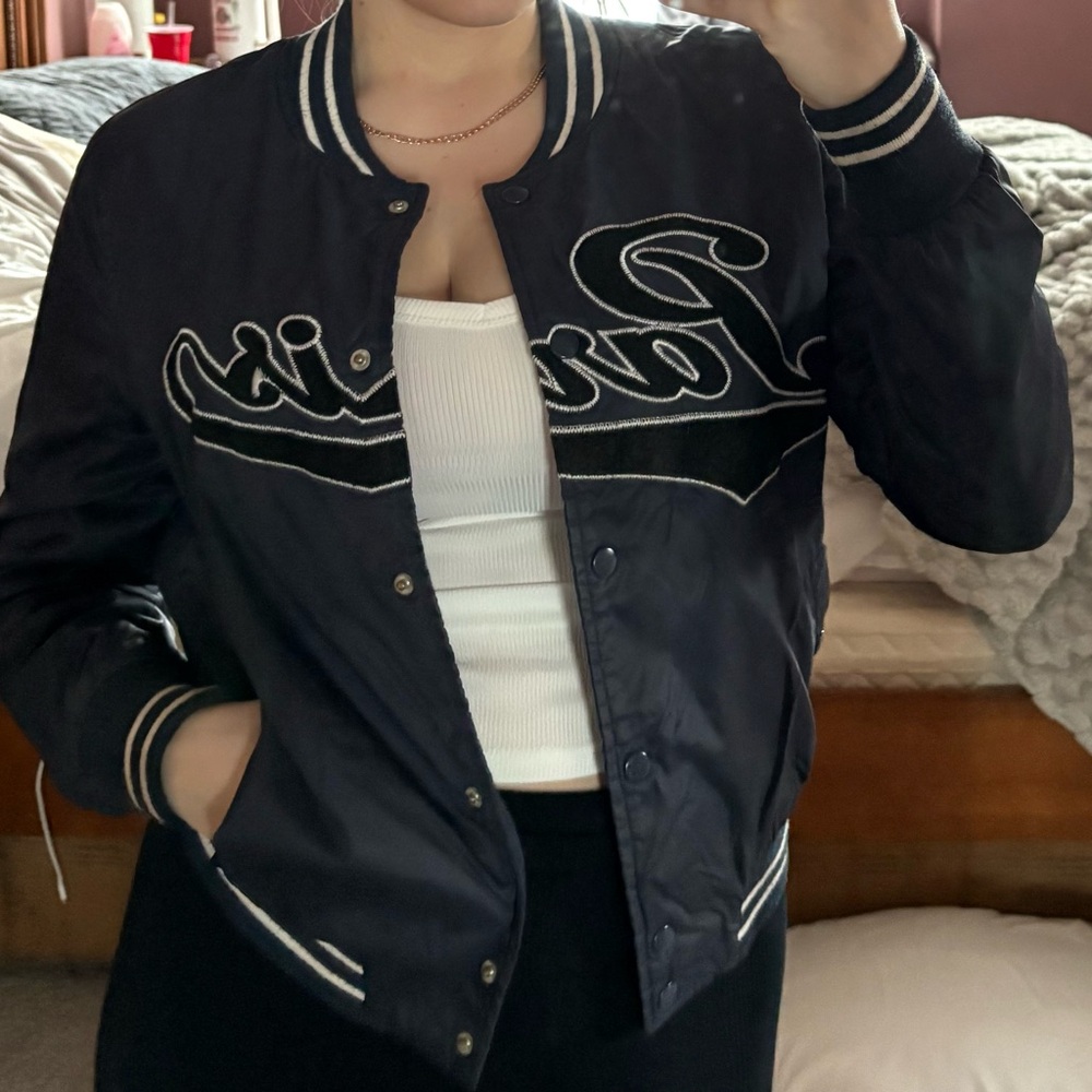 Women's Dark Blue Varsity Bomber Jacket with Contrast Trim